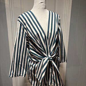 LaFayette 148 NY Dayana Tie Front Green and White Stripe Top Size Large